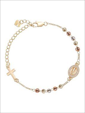 14K Gold Plated 3-Color Rosary Bracelet Dainty Cross Charm Catholic